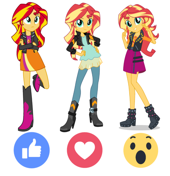 Size: 1117x1152 | Tagged: safe, artist:givralix, artist:sugar-loop, derpibooru import, sunset shimmer, equestria girls, equestria girls series, friendship games, boots, clothes, comparison, crossed arms, cute, facebook reactions, female, geode of empathy, hand on hip, high heel boots, jacket, leaning, leather jacket, looking at you, peace sign, shimmerbetes, shoes, simple background, skirt, smiling, solo, transparent background, vector