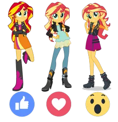 Size: 1117x1152 | Tagged: safe, artist:givralix, artist:sugar-loop, derpibooru import, sunset shimmer, equestria girls, equestria girls series, friendship games, boots, clothes, comparison, crossed arms, cute, facebook reactions, female, geode of empathy, hand on hip, high heel boots, jacket, leaning, leather jacket, looking at you, peace sign, shimmerbetes, shoes, simple background, skirt, smiling, solo, transparent background, vector