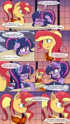 Size: 1080x1920 | Tagged: safe, artist:jase1505, deleted from derpibooru, derpibooru import, sci-twi, sunset shimmer, twilight sparkle, comic:night at the gala, series:sunlight horizons, blushing, clothes, comic, dress, drunk, drunk twilight, female, glasses, lesbian, magic, offscreen character, ponytail, scitwishimmer, shipping, smiling, sunsetsparkle, sweat, sweatdrop, unicorn sci-twi