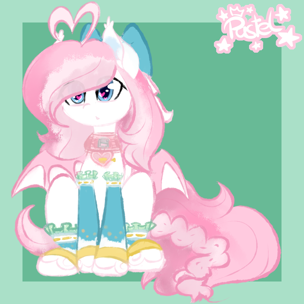 Size: 1000x1000 | Tagged: safe, artist:pastel-pony-princess, derpibooru import, oc, oc:sylphie, unofficial characters only, bat pony, bow, clothes, collar, cute, heart eyes, simple background, sitting, solo, wingding eyes