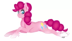 Size: 1280x720 | Tagged: safe, artist:jbond, derpibooru import, pinkie pie, earth pony, pony, chest fluff, female, mare, no pupils, prone, simple background, solo, unshorn fetlocks, white background