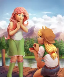 Size: 4410x5242 | Tagged: safe, artist:audrarius, derpibooru import, applejack, fluttershy, human, appleshybomb, equestria girls, absurd resolution, appleshy, cowboy hat, crying, female, forest, hat, humanized, lake, lesbian, marriage proposal, mountain, mountain range, pier, ring, shipping, smiling, stetson, tears of joy, tree
