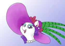 Size: 850x596 | Tagged: safe, artist:dr-waveband, derpibooru import, rarity, pony, unicorn, female, giant hat, gradient background, hat, jewelry, mare, necklace, pearl necklace, solo