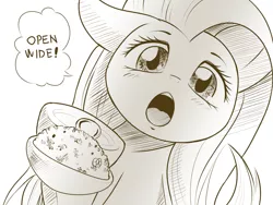 Size: 1600x1200 | Tagged: safe, artist:phoenixperegrine, derpibooru import, fluttershy, pony, bust, cute, feeding, female, food, hoof hold, looking at you, magnet hoof, mare, monochrome, open mouth, portrait, rice, shyabetes, simple background, sketch, speech bubble, spoon