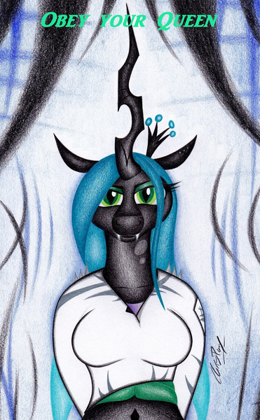 Size: 1430x2314 | Tagged: anthro, artist:thechrispony, bedroom eyes, clothes, derpibooru import, fangs, looking at you, queen chrysalis, safe, traditional art