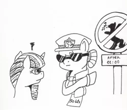 Size: 838x724 | Tagged: safe, artist:kuroneko, derpibooru import, copper top, twilight sparkle, twilight sparkle (alicorn), alicorn, earth pony, pony, duo, female, hat, ink drawing, mare, monochrome, police, police officer, police pony, police uniform, sign, simple background, sunglasses, traditional art, white background