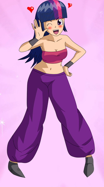 Size: 830x1500 | Tagged: safe, artist:gonzalossj3, derpibooru import, twilight sparkle, human, equestria girls, akira toriyama, alternate costumes, base used, belly button, blushing, caulifla, crossover, cute, dragon ball, dragon ball super, human coloration, midriff, one eye closed, style emulation, tube top, twiabetes, wink