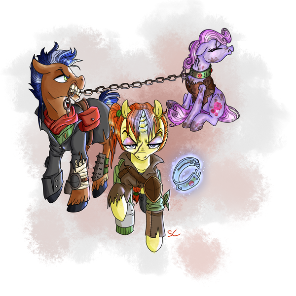 Size: 2000x2000 | Tagged: safe, artist:sourcherry, derpibooru import, oc, unnamed oc, unofficial characters only, earth pony, pony, unicorn, fallout equestria, armor, bomb collar, chains, clothes, collar, female, freckles, levitation, magic, makeup, male, mare, mutant manual, slave, slave collar, slaver, slavery, stallion, telekinesis, trio