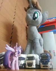 Size: 1995x2507 | Tagged: safe, derpibooru import, twilight sparkle, twilight sparkle (alicorn), oc, oc:littlepip, alicorn, pony, unicorn, fallout equestria, fanfic, diecast, female, figure, horn, irl, mare, model, photo, plushie, semi truck, size difference, toy, truck, where is your god now?, wings