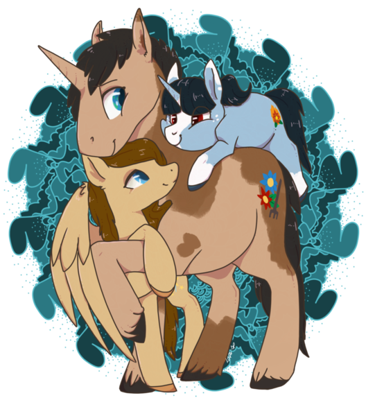 Size: 1024x1135 | Tagged: safe, artist:laps-sp, derpibooru import, oc, oc:firelilly, oc:shale, oc:swiftfeather, unofficial characters only, pegasus, pony, unicorn, female, filly, male, stallion