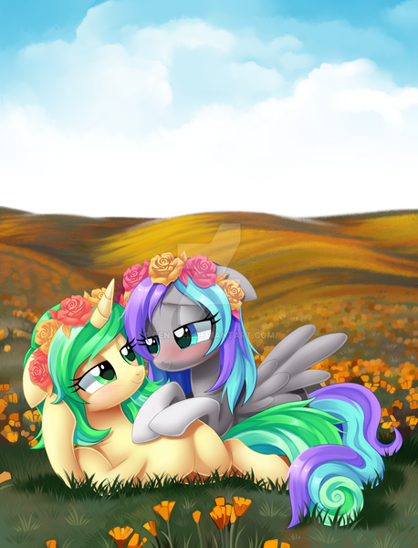 Size: 1024x1342 | Tagged: safe, artist:centchi, derpibooru import, oc, oc:first edition, oc:silverstar, unofficial characters only, pegasus, pony, unicorn, blushing, cuddling, cute, female, floral head wreath, flower, lesbian, mare, oc x oc, prone, scenery, shipping, watermark