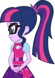 Size: 3000x4248 | Tagged: safe, artist:cloudyglow, artist:eljosephrivera, derpibooru import, sci-twi, twilight sparkle, equestria girls, bowtie, clothes, female, glasses, image, png, ponytail, simple background, skirt, smiling, solo, transparent background, vector, vest