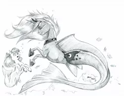 Size: 1400x1079 | Tagged: safe, artist:baron engel, derpibooru import, apple bloom, princess luna, fish, hippocampus, merpony, pony, seapony (g4), bubble, female, filly, grayscale, mare, monochrome, pencil drawing, seaponified, seapony apple bloom, seapony luna, simple background, sketch, smiling, species swap, traditional art, underwater, white background