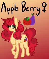 Size: 750x900 | Tagged: safe, artist:eppyminecart, derpibooru import, oc, oc:apple berry, unofficial characters only, pony, icey-verse, female, glasses, gradient background, magical lesbian spawn, mare, next generation, offspring, parent:applejack, parent:strawberry sunrise, parents:applerise, red background, simple background, solo