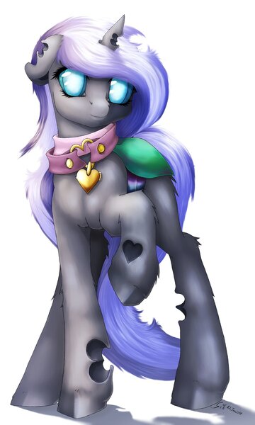 Size: 1024x1706 | Tagged: artist:thatonegib, blue eyes, changeling, changeling oc, collar, derpibooru import, heart necklace, heart shaped holes, jewelry, looking at you, oc, oc:little ling, pendant, raised hoof, safe, shadow, signature, simple background, smiling, solo, unofficial characters only, unshorn fetlocks, white background