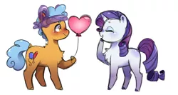 Size: 1268x676 | Tagged: safe, artist:s1nb0y, derpibooru import, rarity, twisty pop, earth pony, pony, unicorn, forever filly, balloon, chest fluff, female, heart, male, shipping, simple background, smiling, straight, twistity, white background