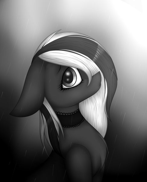 Size: 2247x2769 | Tagged: safe, artist:mimihappy99, derpibooru import, oc, oc:puppet, unofficial characters only, earth pony, pony, black and white, collar, female, grayscale, looking at you, mare, monochrome, rain, sad, solo