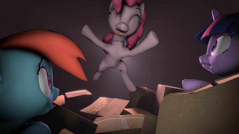 Size: 1280x720 | Tagged: safe, artist:szczerbix, derpibooru import, pinkie pie, rainbow dash, twilight sparkle, pony, 3d, box, source filmmaker