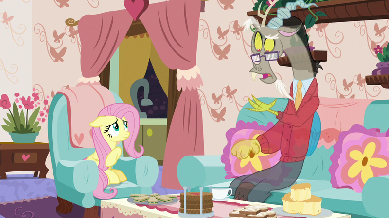 Size: 1280x720 | Tagged: safe, derpibooru import, screencap, discord, fluttershy, draconequus, pegasus, pony, discordant harmony, clothes, fading, food, glasses, milk toast, sandwich, sweater, teapot, transparent