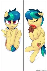 Size: 1280x1905 | Tagged: safe, artist:shinodage, derpibooru import, oc, oc:apogee, unofficial characters only, pegasus, pony, body pillow, body pillow design, covering, cute, eyes closed, female, filly, freckles, hnnng, looking at you, ocbetes, plushie, potato pony, shinodage is trying to murder us, sleeping, smiling, solo, underhoof, weapons-grade cute