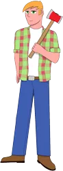 Size: 499x1358 | Tagged: artist:totallynotabronyfim, axe, belt buckle, big macintosh, blue jeans, boots, clothes, derpibooru import, flannel, human, humanized, male, safe, shoes, simple background, solo, transparent background, weapon