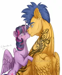 Size: 400x480 | Tagged: safe, artist:rossignolet, derpibooru import, flash sentry, twilight sparkle, twilight sparkle (alicorn), alicorn, pony, buff, female, flash hunktry, flashlight, kissing, male, muscles, shipping, straight, tattoo, torn ear, watermark