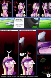 Size: 1040x1600 | Tagged: artist:whitelie, big smile, comic, comic:party of one:the tragedy of the crystal empire, derpibooru import, glass, pinkamena diane pie, pinkie pie, princess cadance, rock, safe, scared, translation