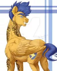 Size: 400x500 | Tagged: safe, artist:rossignolet, derpibooru import, flash sentry, pony, buff, flash hunktry, male, muscles, solo, tattoo, watermark