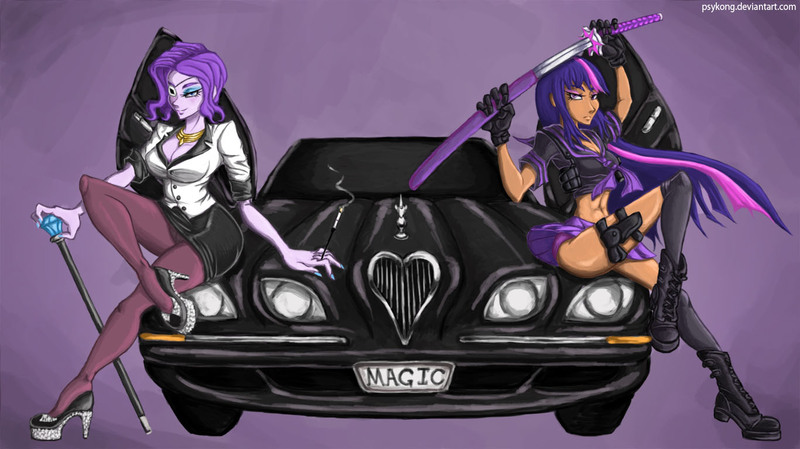 Size: 1366x767 | Tagged: artist:psykong, belly button, boots, breasts, car, cigarette, cigarette holder, cleavage, clothes, derpibooru import, eyepatch, high heels, human, humanized, jaguar (car), jaguar s-type, katana, midriff, panties, pantyhose, pleated skirt, rarity, shoes, skirt, skirt lift, smoking, stockings, suggestive, sword, thigh highs, twilight sparkle, underwear, weapon