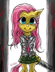 Size: 912x1200 | Tagged: anthro, artist:psykong, blood, chainsaw, clothes, derpibooru import, female, fluttershy, grimcute, schoolgirl, semi-grimdark, skirt, smiling, solo, yandere, yandereshy