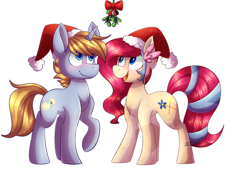 Size: 1024x746 | Tagged: safe, artist:jetjetj, derpibooru import, oc, oc:blossom, oc:moonlit, unofficial characters only, earth pony, pony, unicorn, christmas, commission, female, hat, holiday, male, mare, mistletoe, oc x oc, santa hat, shipping, simple background, stallion, straight, transparent background