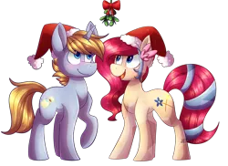 Size: 1024x746 | Tagged: safe, artist:jetjetj, derpibooru import, oc, oc:blossom, oc:moonlit, unofficial characters only, earth pony, pony, unicorn, christmas, commission, female, hat, holiday, male, mare, mistletoe, oc x oc, santa hat, shipping, simple background, stallion, straight, transparent background