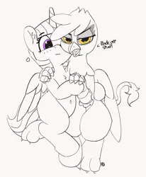 Size: 1280x1554 | Tagged: safe, artist:pabbley, derpibooru import, gilda, twilight sparkle, twilight sparkle (alicorn), alicorn, gryphon, pony, 30 minute art challenge, belly button, crack shipping, dialogue, female, lesbian, looking at you, monochrome, partial color, shipping, sketch, twilda