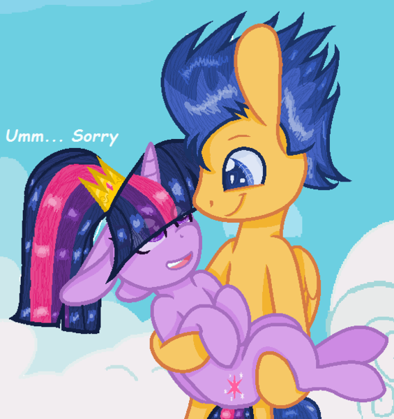 Size: 571x606 | Tagged: safe, artist:xxkalaxzyxx, derpibooru import, flash sentry, twilight sparkle, pony, bridal carry, crown, eye clipping through hair, female, flashlight, floppy ears, holding a pony, jewelry, male, regalia, shipping, straight