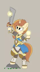 Size: 1080x1920 | Tagged: safe, artist:andelai, derpibooru import, oc, oc:celice, unofficial characters only, unicorn, armor, ashbringer, bipedal, fantasy class, female, flat colors, knight, paladin, simple background, solo, sword, warcraft, warrior, weapon, world of warcraft