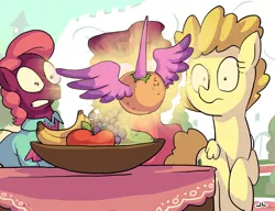 Size: 975x750 | Tagged: safe, artist:docwario, derpibooru import, edit, part of a set, alicorn, earth pony, pegasus, pony, unicorn, alicornified, apple, banana, bowl, clothes, female, food, fruit, fruit bowl, grapes, gritted teeth, inanimate tf, male, mare, orange, orangified, princess citrusia, race swap, raised hoof, shrunken pupils, spread wings, stallion, surprised, table, transformation, wings