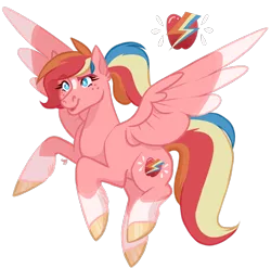 Size: 810x800 | Tagged: safe, artist:wolfyfree, derpibooru import, oc, oc:zap apple, unofficial characters only, pegasus, pony, coat markings, colored wings, colored wingtips, cutie mark, female, flying, magical lesbian spawn, mare, multicolored hair, multicolored mane, multicolored tail, next generation, offspring, parent:applejack, parent:rainbow dash, parents:appledash, signature, simple background, socks (coat marking), solo, spread wings, transparent background, wings