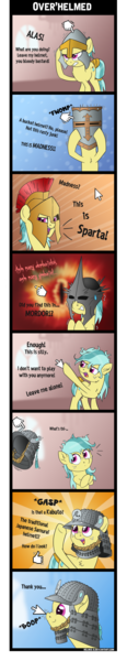 Size: 1024x5309 | Tagged: safe, artist:helmie-art, derpibooru import, oc, oc:helmie, unofficial characters only, pony, 300, boop, comic, cute, dialogue, eye of sauron, female, helmet, kabuto, lord of the rings, mare, mordor, ocbetes, pointer, sauron, smiling, solo, speech bubble, this is sparta