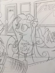 Size: 1536x2048 | Tagged: safe, artist:andypriceart, derpibooru import, idw, fluttershy, rarity, pony, spoiler:comic, spoiler:comic64, comic, female, frankie goes to hollywood, frankie says relax, grayscale, laughing, lineart, mare, monochrome, pencil drawing, solo, traditional art