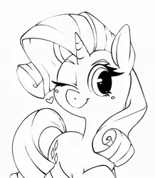 Size: 679x777 | Tagged: artist needed, source needed, safe, derpibooru import, rarity, pony, unicorn, female, heart, lineart, looking at you, mare, monochrome, one eye closed, simple background, solo, white background, wink