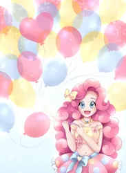 Size: 3337x4547 | Tagged: anime, artist:autumn rush, balloon, belly button, bow, bright, clothes, cute, derpibooru import, diapinkes, element of laughter, hair bow, heart balloon, human, humanized, looking at you, midriff, moe, off shoulder, open mouth, pinkie pie, ponk, safe, shiny, simple background, skirt, smiling, solo, white background