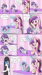 Size: 3000x5300 | Tagged: safe, artist:skitter, derpibooru import, princess cadance, princess flurry heart, queen chrysalis, shining armor, alicorn, changeling, changeling queen, pony, comic:change of heart (skitter), age regression, baby, baby flurry heart, baby pony, changing table, comic, crying, crying baby, crying infant, diaper, diapered, diapered filly, diapering, disguise, disguised changeling, fake cadance, female, fetish, folded diaper, fussing, fussing baby, fussing infant, fussy, fussy baby, fussy infant, impostor, infant, levitation, magic, open diaper, pacifier, telekinesis, white diaper