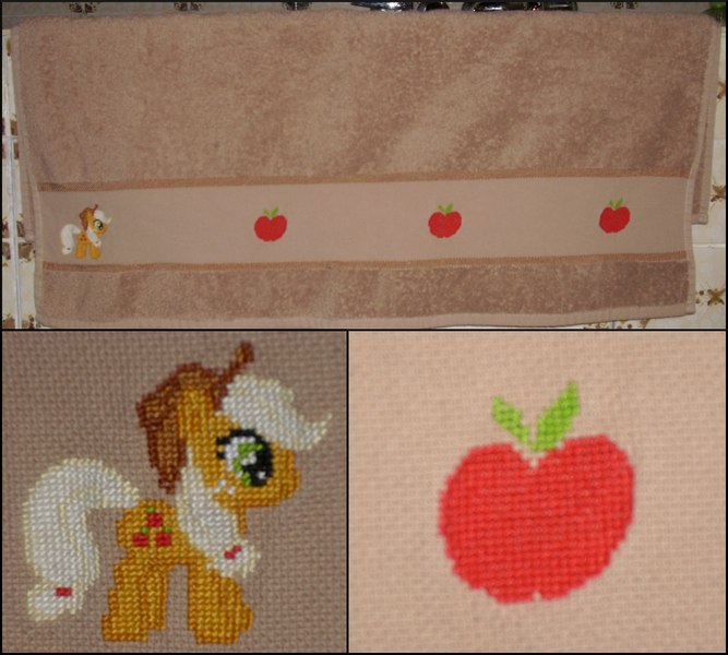 Size: 1000x900 | Tagged: apple, applejack, artist:fusainne, craft, cross stitch, derpibooru import, food, irl, photo, safe, solo, towel