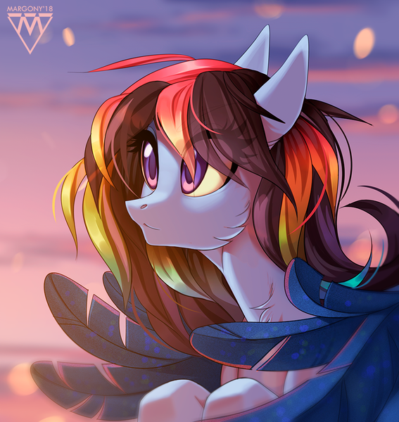 Size: 945x1000 | Tagged: safe, artist:margony, derpibooru import, oc, unofficial characters only, pegasus, pony, bust, colored wings, female, flying, looking away, looking forward, mare, not rainbow dash, solo, sunset