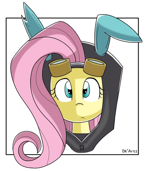 Size: 1536x1790 | Tagged: safe, artist:artmlpdk, derpibooru import, fluttershy, pegasus, pony, bunny ears, bust, clothes, costume, dangerous mission outfit, female, goggles, hoodie, looking at you, portrait, simple background, solo, white background