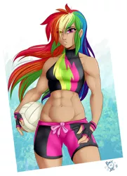 Size: 1752x2424 | Tagged: suggestive, artist:ponut_joe, derpibooru import, rainbow dash, human, equestria girls, equestria girls series, forgotten friendship, abs, amazonian, belly button, bikini, board shorts, breasts, clothes, eye clipping through hair, female, fingerless gloves, gloves, human coloration, humanized, long hair, midriff, muscles, rainbuff dash, shorts, solo, solo female, sports, swimsuit, volleyball