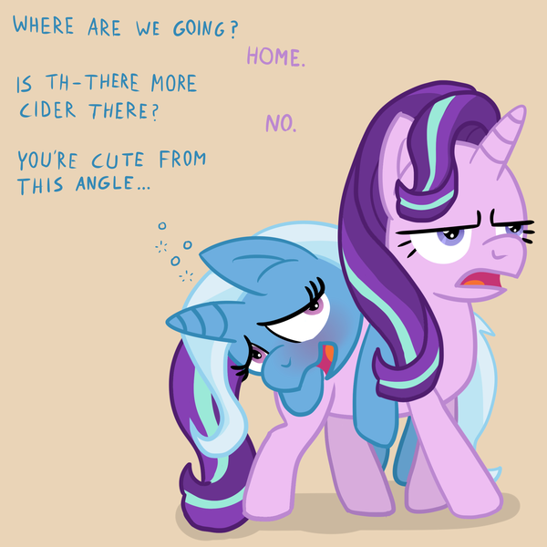 Size: 2048x2048 | Tagged: safe, artist:solarfm, derpibooru import, starlight glimmer, trixie, pony, unicorn, carrying, dialogue, drunk, duo, female, grumpy, lesbian, mare, shipping, startrix, the great and alcoholics trixie, wasted