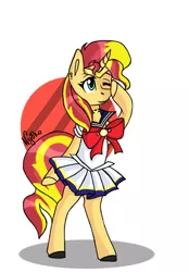 Size: 973x1400 | Tagged: safe, artist:nyokoart, derpibooru import, sunset shimmer, pony, unicorn, bipedal, bow, choker, clothes, diadem, dress, ear piercing, earring, jewelry, one eye closed, piercing, skirt, wink