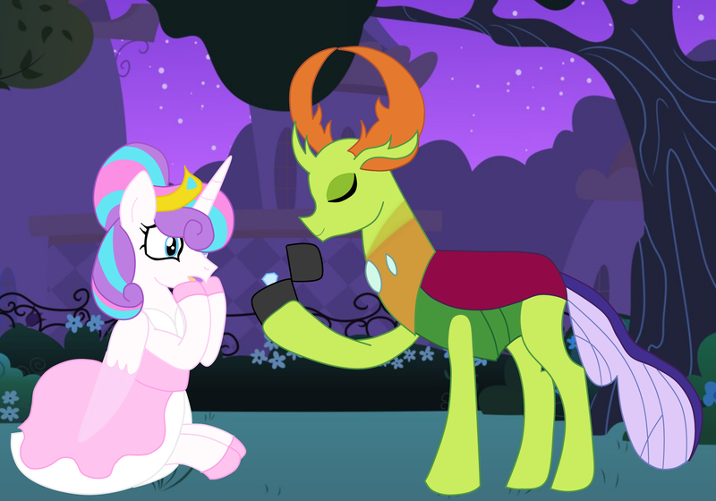 Size: 10000x7000 | Tagged: absurd resolution, artist:kannayui, changedling, changeling, clothes, derpibooru import, dress, engagement ring, female, flurrax, king thorax, male, marriage proposal, older, princess flurry heart, safe, shipping, straight, thorax
