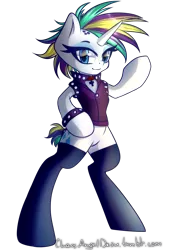 Size: 1056x1500 | Tagged: safe, artist:chaosangeldesu, derpibooru import, rarity, pony, semi-anthro, unicorn, alternate hairstyle, bracelet, clothes, female, horn, jewelry, leggings, looking at you, mare, punk, raripunk, simple background, solo, spiked wristband, standing, transparent background, wristband